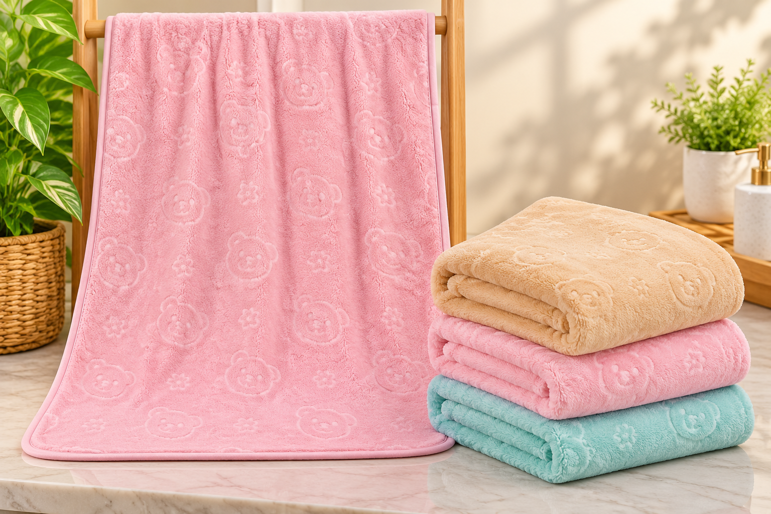 Plush Blanket Stack and Pink Towel (1) 6PC PKT/ C-7138 B-3566 - Image 1