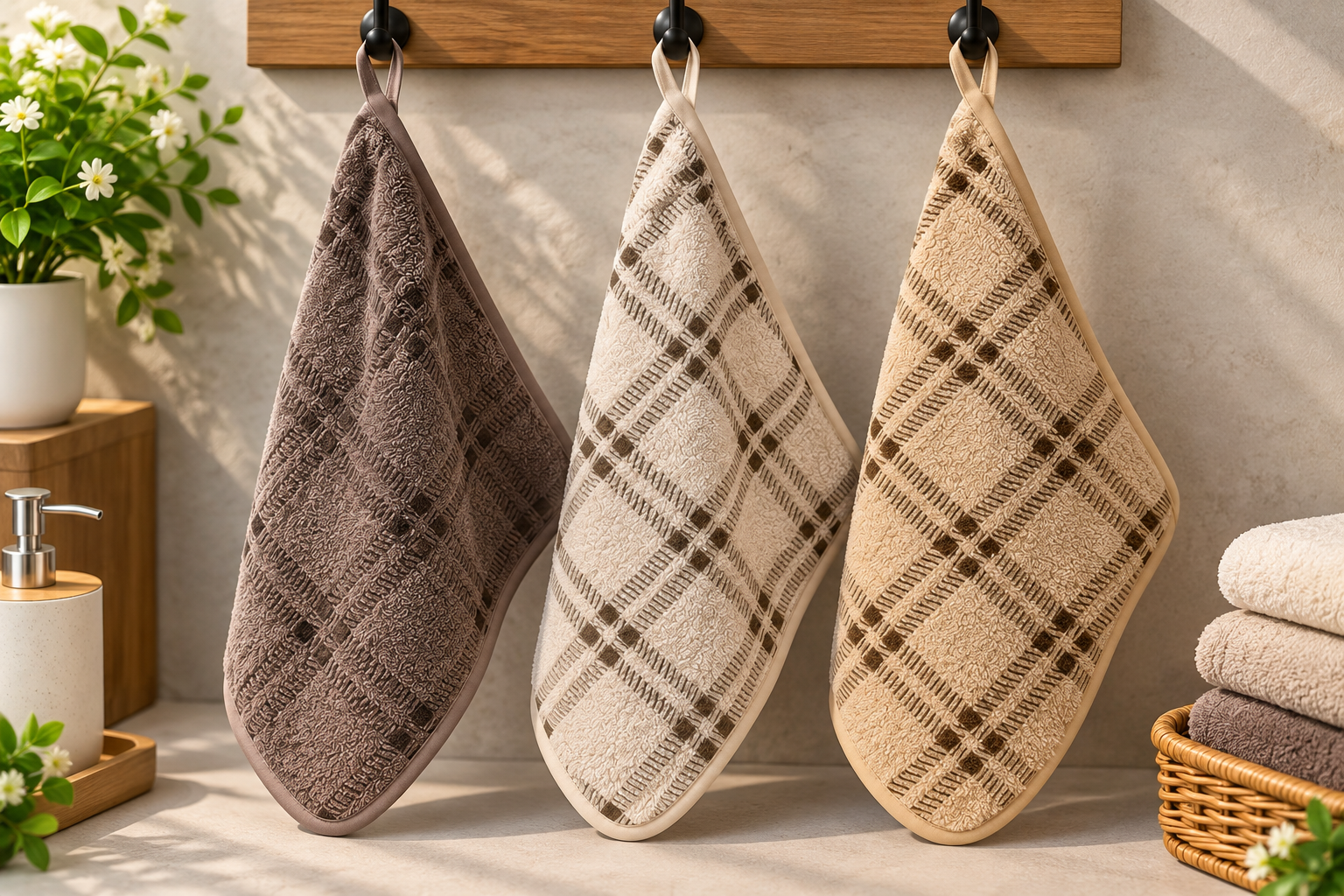 Warm Plaid Towels on Wooden Rack 12PC PKT/ C-721 B-0713 - Image 1
